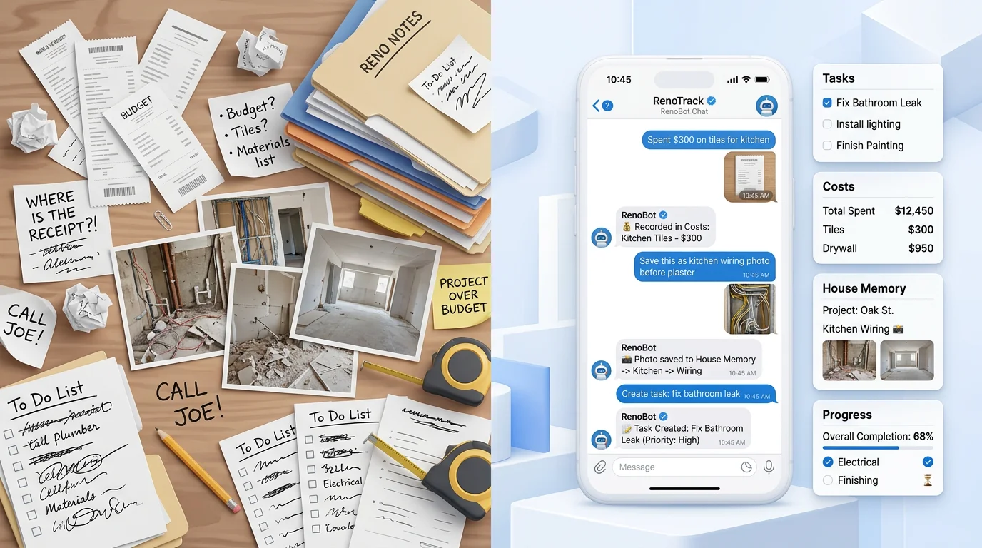 From renovation chaos to one organized Telegram chat — tasks, costs, house memory, and progress