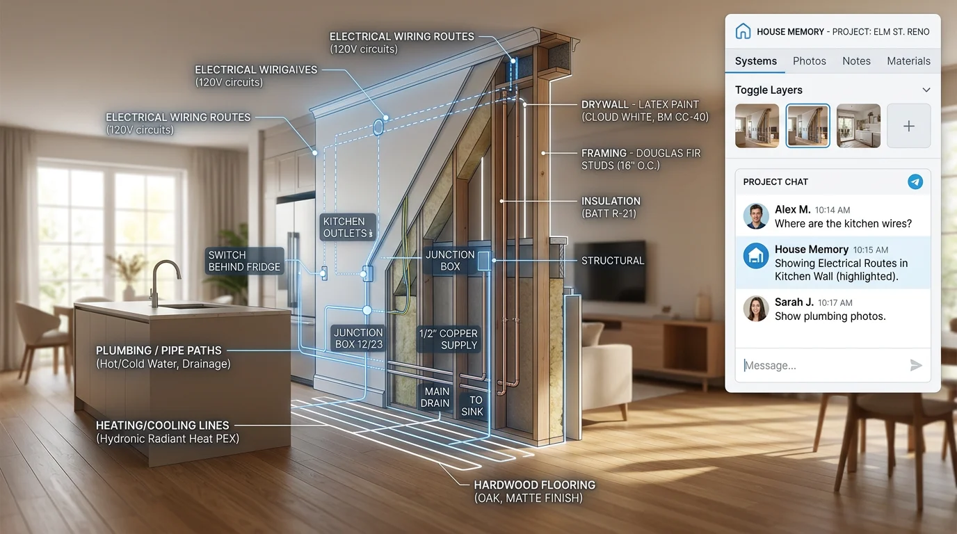 Wall cutaway showing hidden wiring, plumbing, and heating with labeled overlays