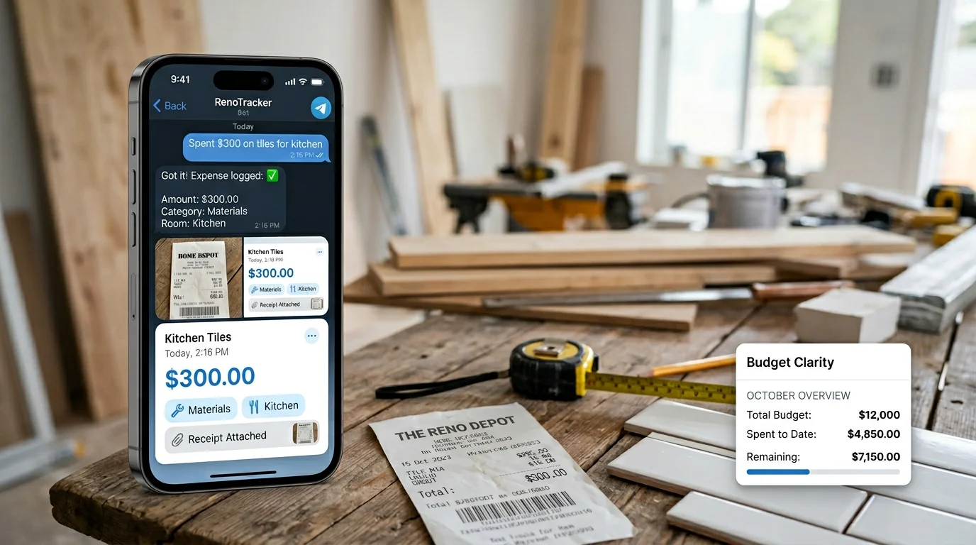 Telegram chat showing expense logging with receipt photo and category chips