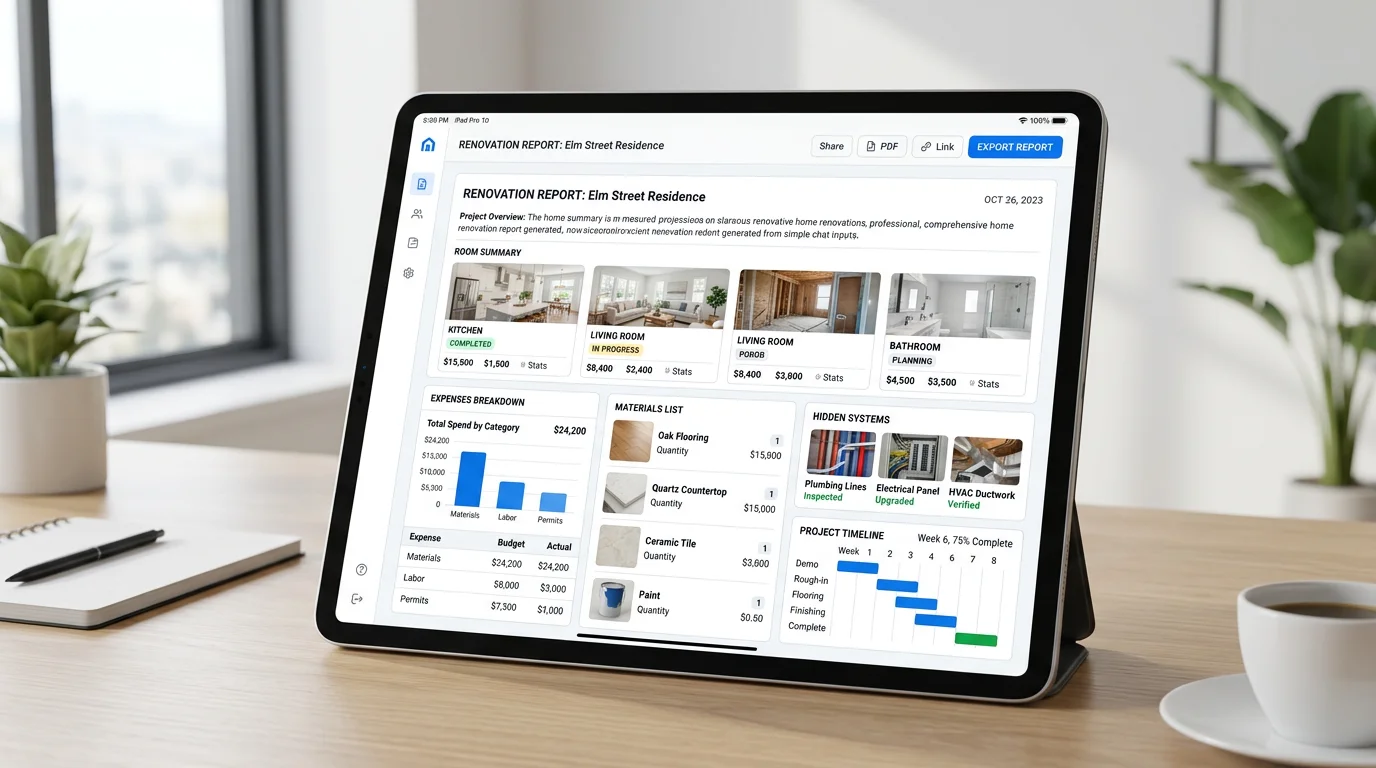 Report preview with room summary, expenses, materials, and timeline sections