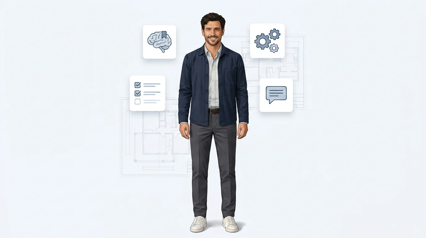 Daniel Trackman, a renovation tracking AI assistant, surrounded by icons representing memory, task checklists, automation, and site notes