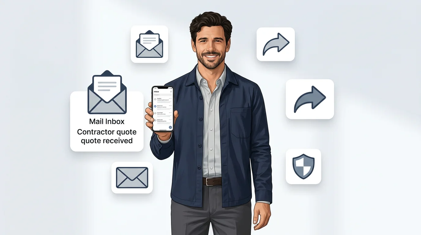 Daniel Trackman holding a phone showing an email inbox with a contractor quote, surrounded by envelope icons and a shield representing secure access