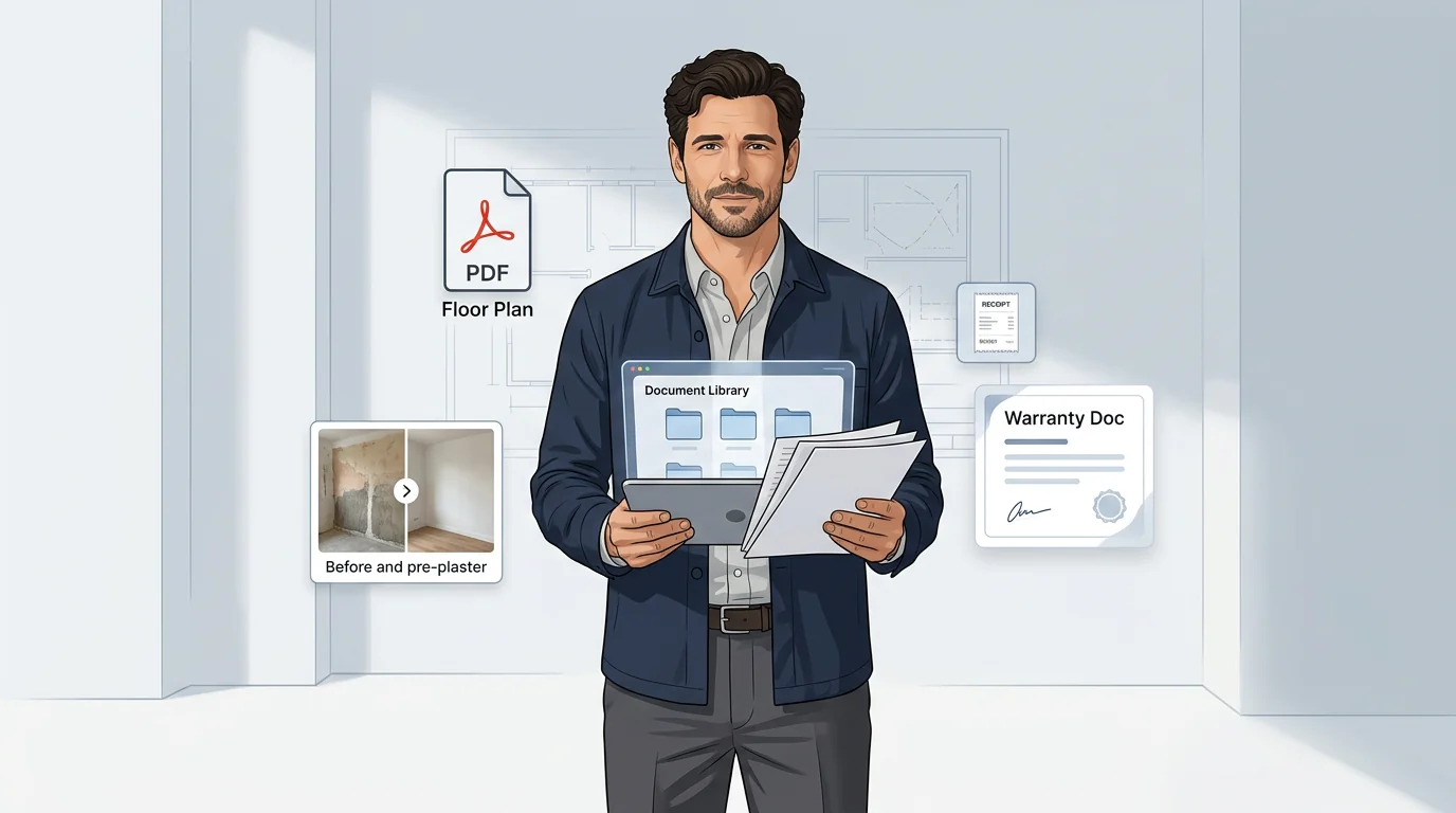 Daniel Trackman holding a tablet showing a document library, with a floor plan PDF icon, a before/after wall photo, and a warranty document floating around him