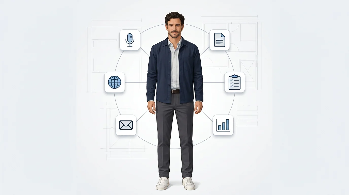 Daniel Trackman in a confident full-body pose surrounded by capability icons — microphone, globe, envelope, document, checklist, and bar chart — representing the full renovation command center