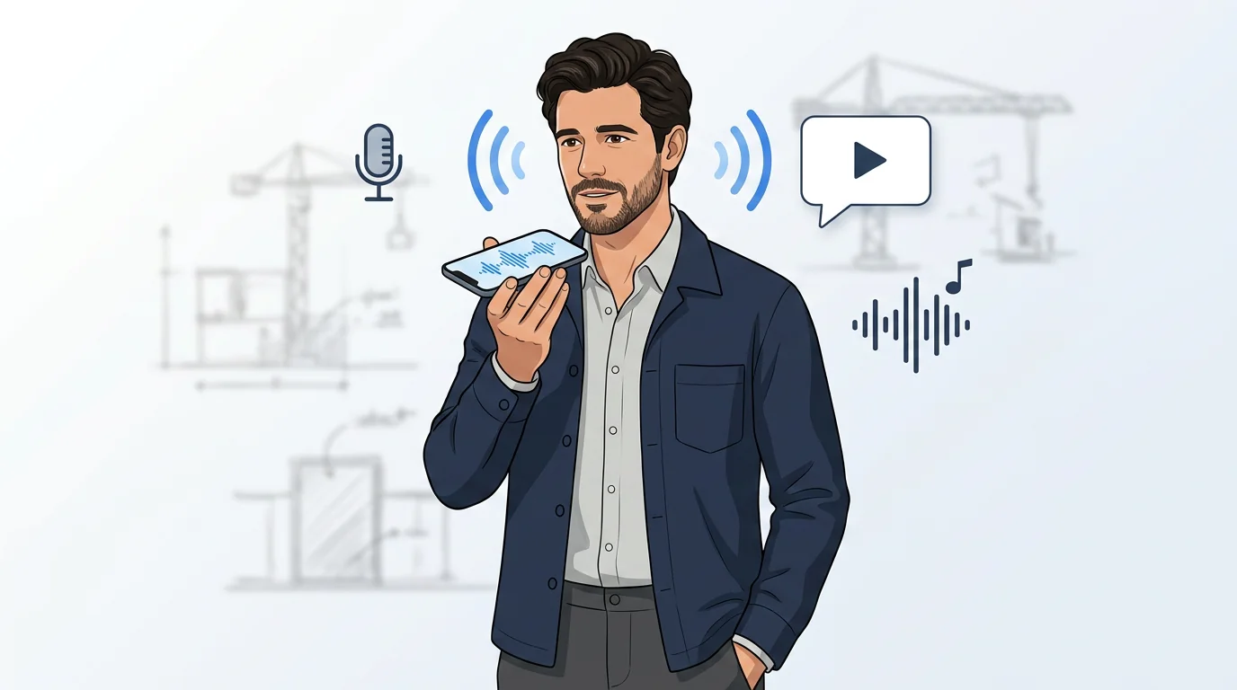 Daniel Trackman holding a phone with voice waveforms on screen, surrounded by a microphone icon and sound wave arcs, in a renovation site context
