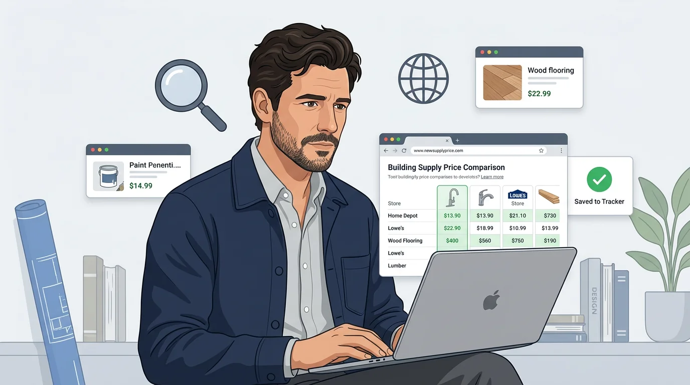 Daniel Trackman looking at a laptop showing a building supply price comparison, with a search magnifier, globe icon, and browser cards around him