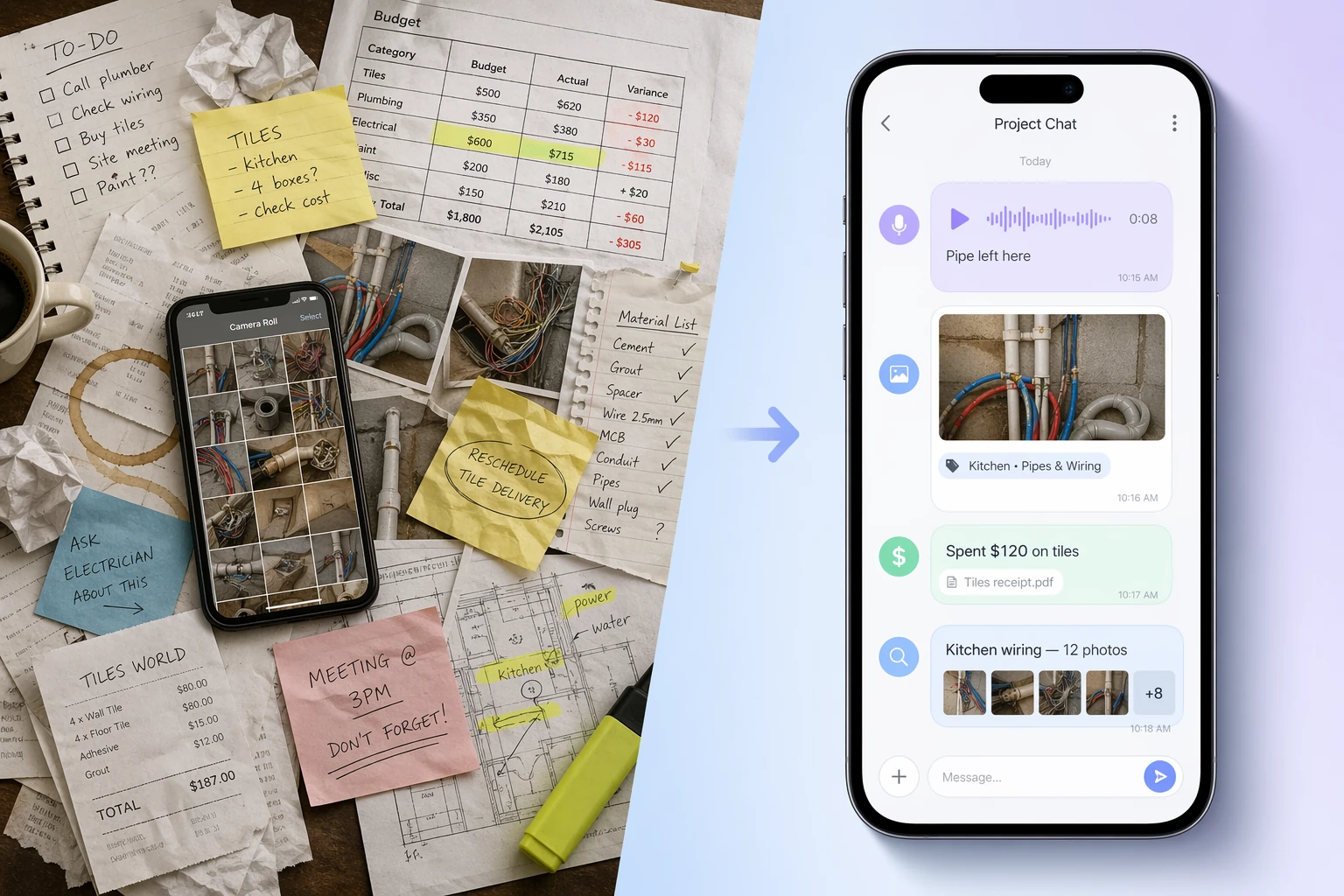 Renovation chaos on the left transforming into an organized Telegram chat on the right