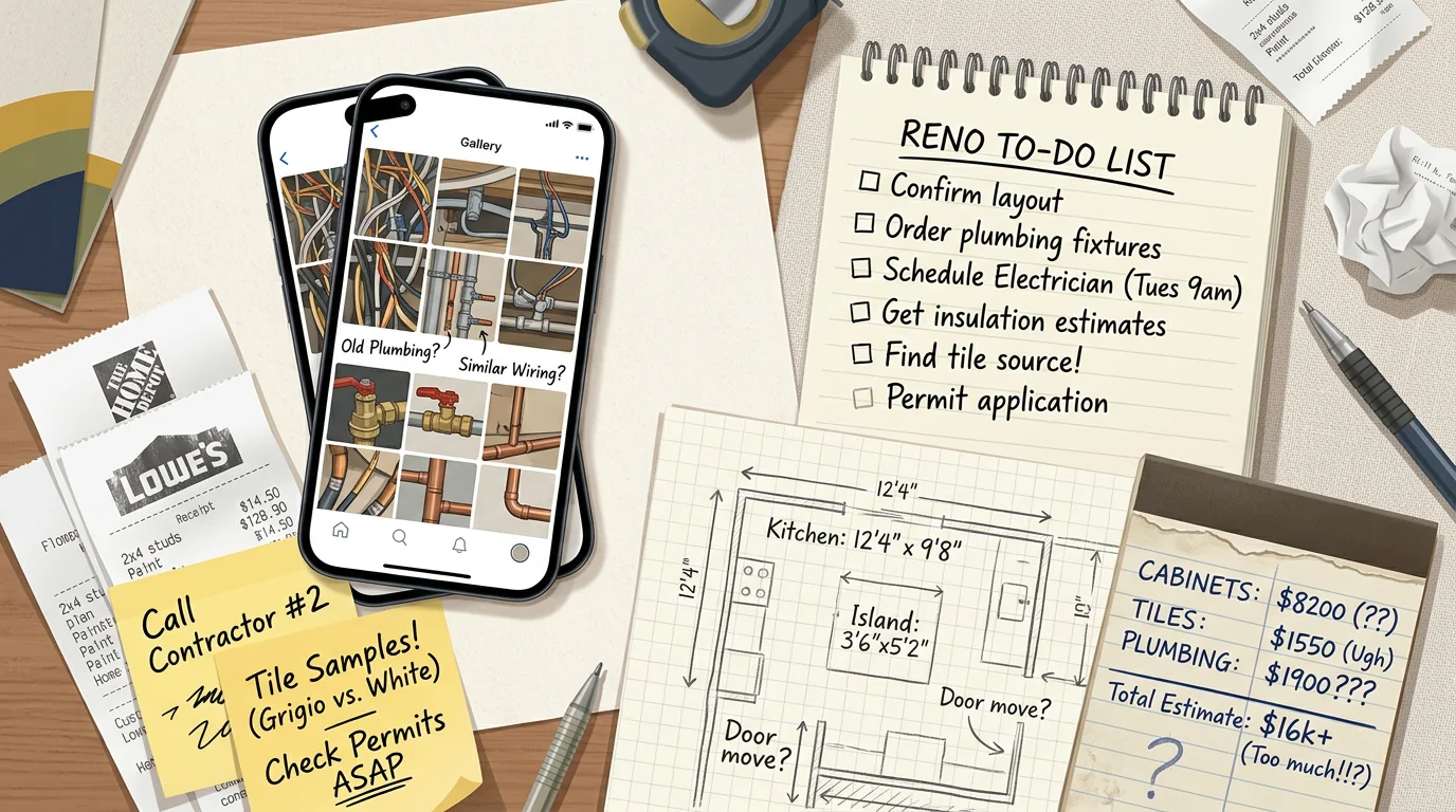 Editorial illustration: renovation information scattered across a phone photo gallery, paper receipts, sticky notes, a messy to-do list, contractor chat snippets, hand measurements, and budget numbers with question marks, mild stress but premium look