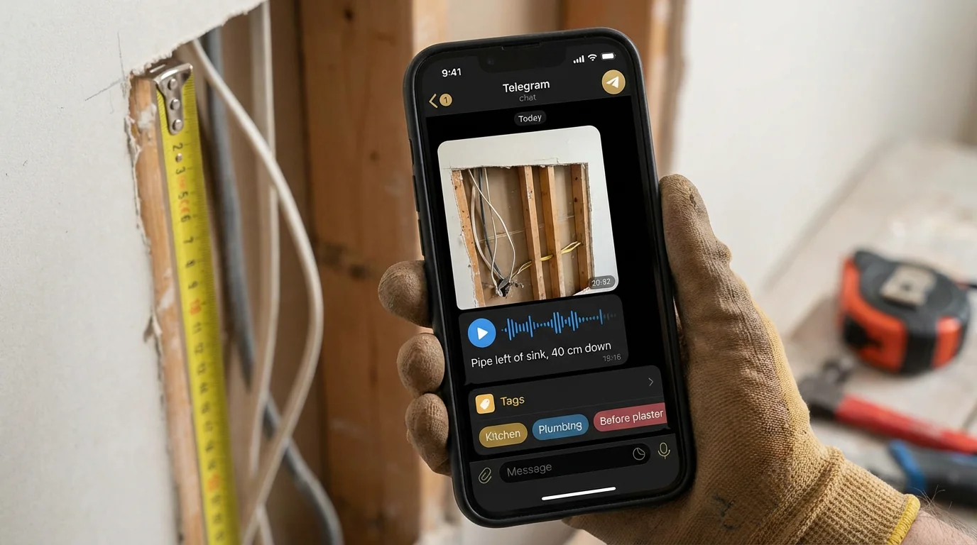 Phone or hand photographing exposed wiring in a wall before plaster, with a Telegram-style overlay showing a photo, voice note, and tags: Kitchen, Plumbing, Before plaster