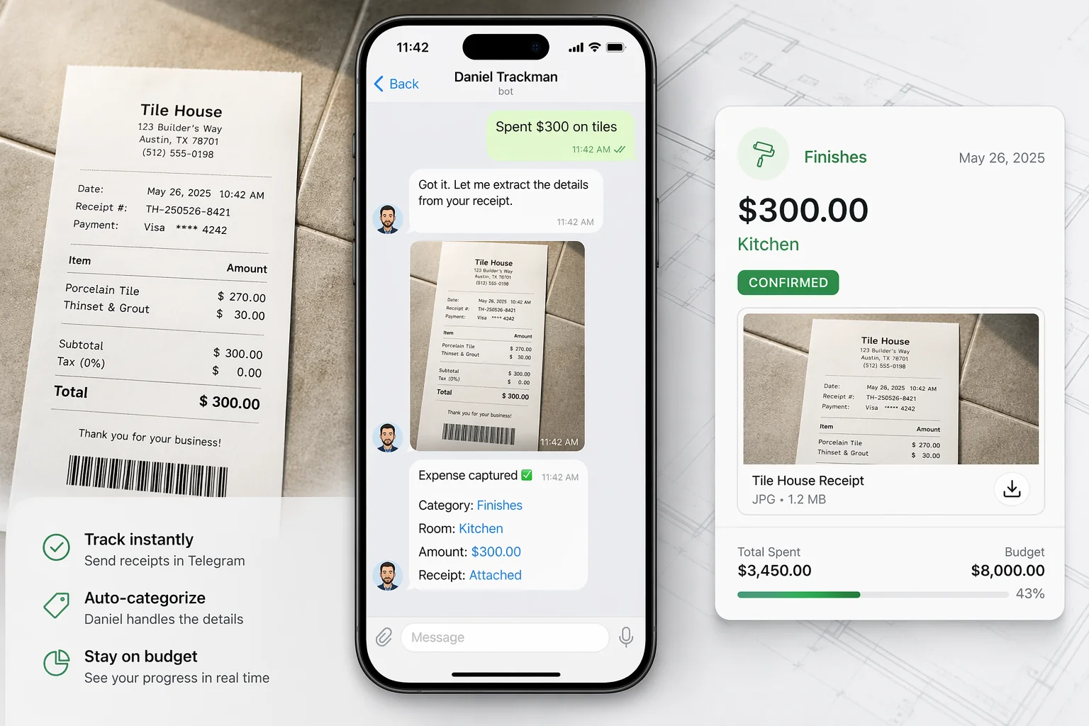 Telegram-style interface with a receipt photo and a line that “spent $300 on tiles,” showing extracted Finishes, Kitchen, amount, and an attached receipt