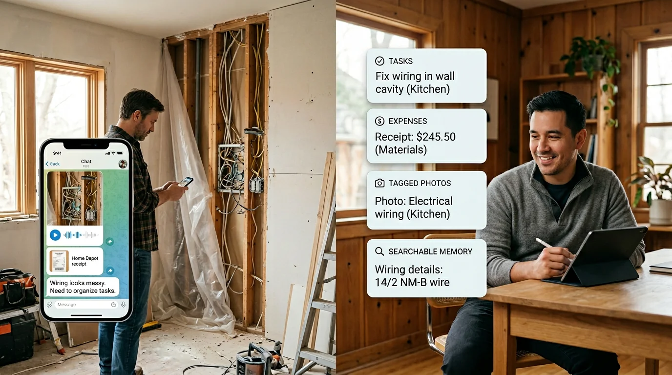 Premium PDF-style renovation report preview: spend by room and category, progress timeline, hidden systems section with photo references; subtle cue of receipts and wiring photos feeding into one document