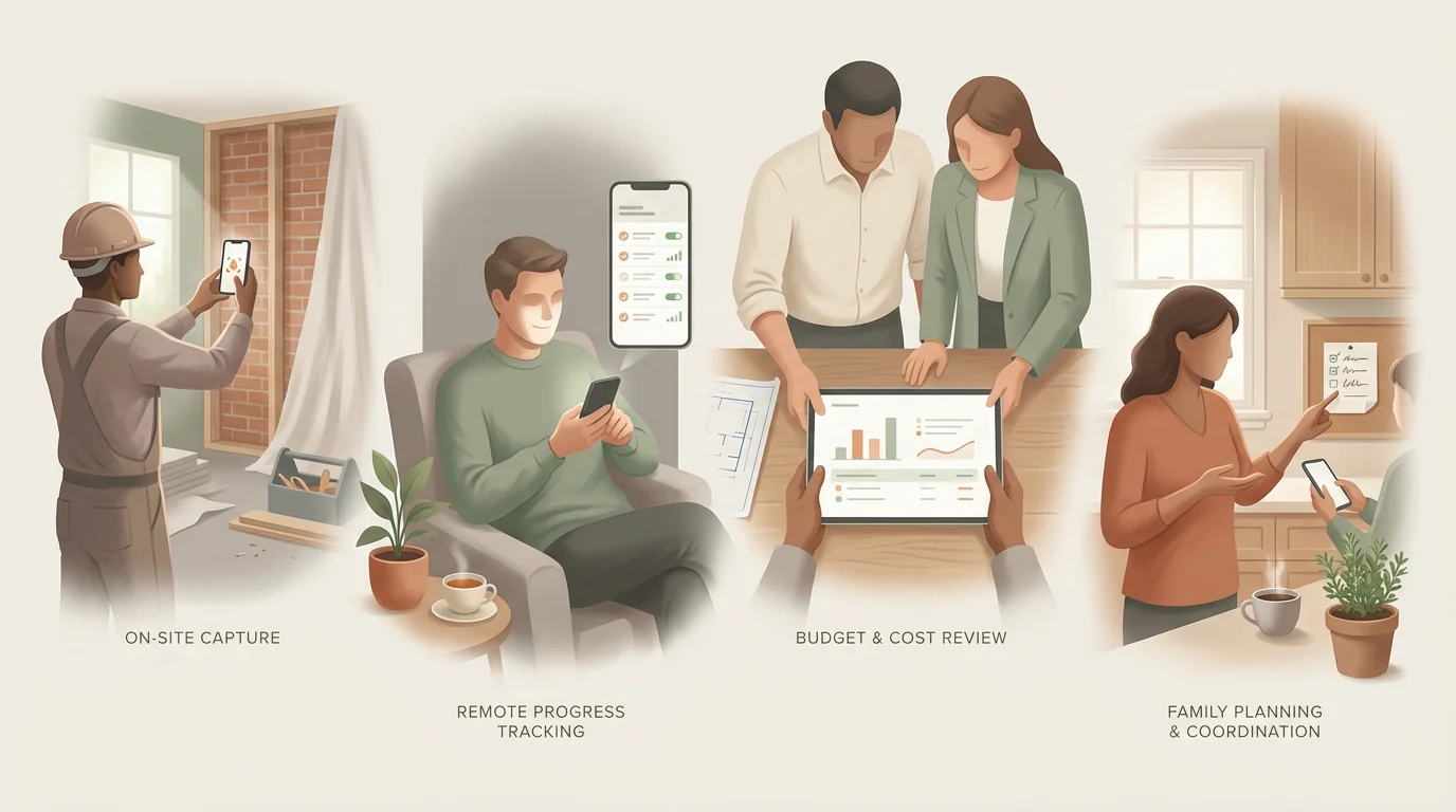 Four renovation situations in one illustration: on-site phone capture, remote owner checking updates, couple reviewing costs, family member coordinating next steps